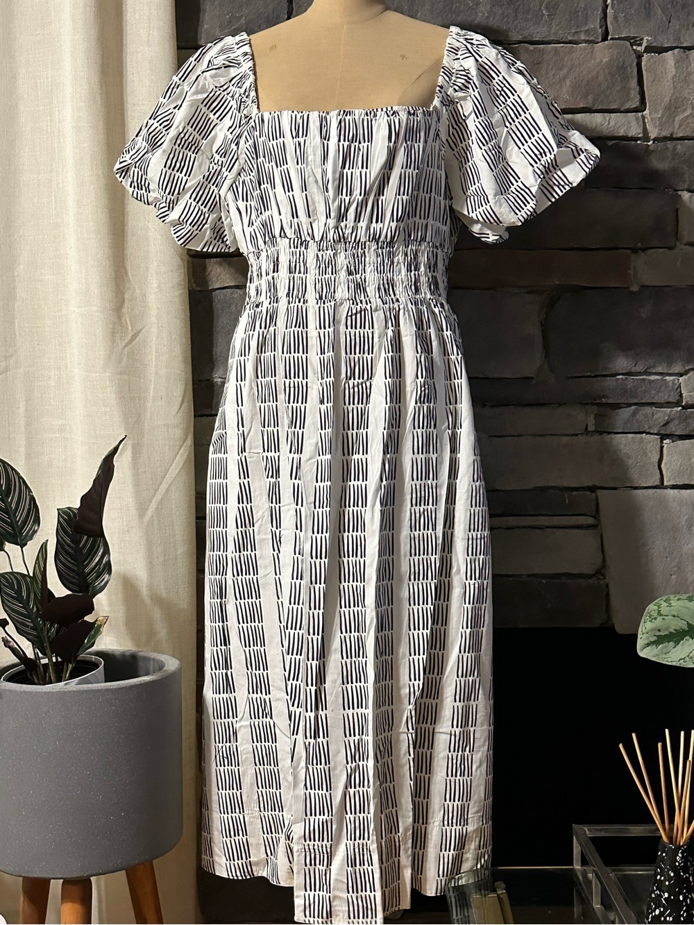 Maeve Black and White Smocked Square-Neck Midi Dress